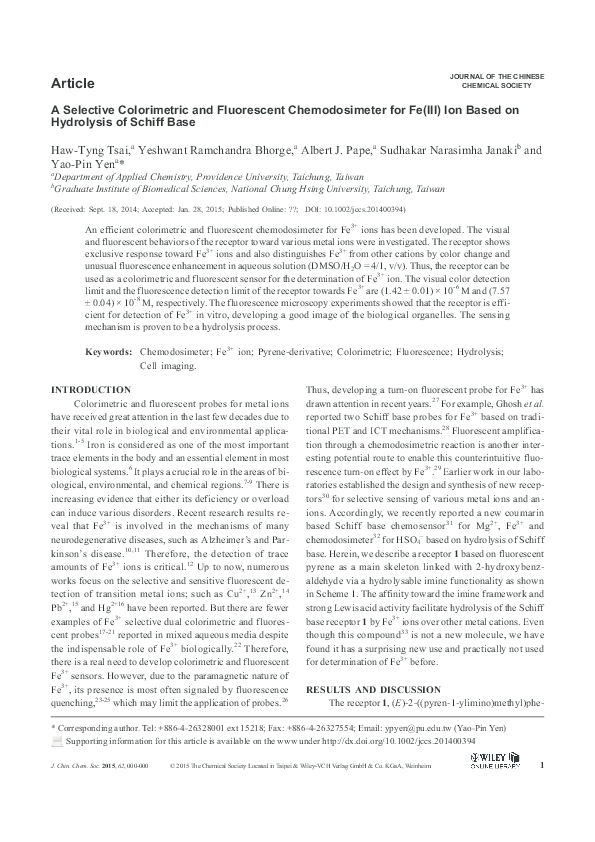 (PDF) A Selective Colorimetric and Fluorescent Chemodosimeter for Fe ...