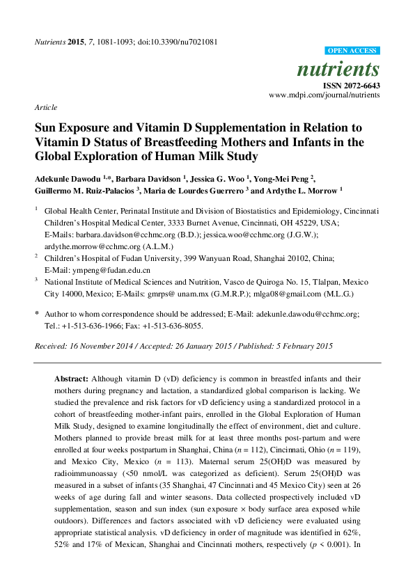 (PDF) Sun Exposure and Vitamin D Supplementation in Relation to Vitamin ...