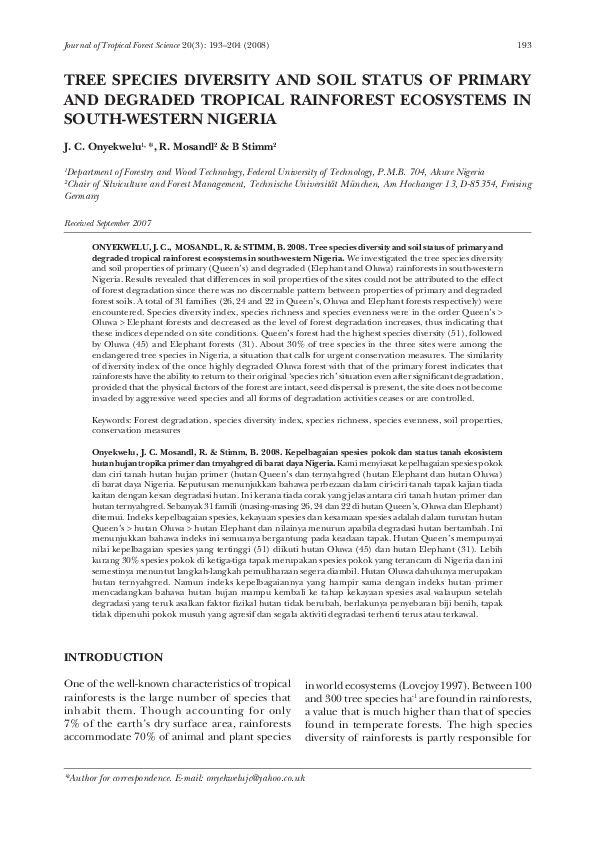 PDF) Tree species diversity and soil status of primary and 