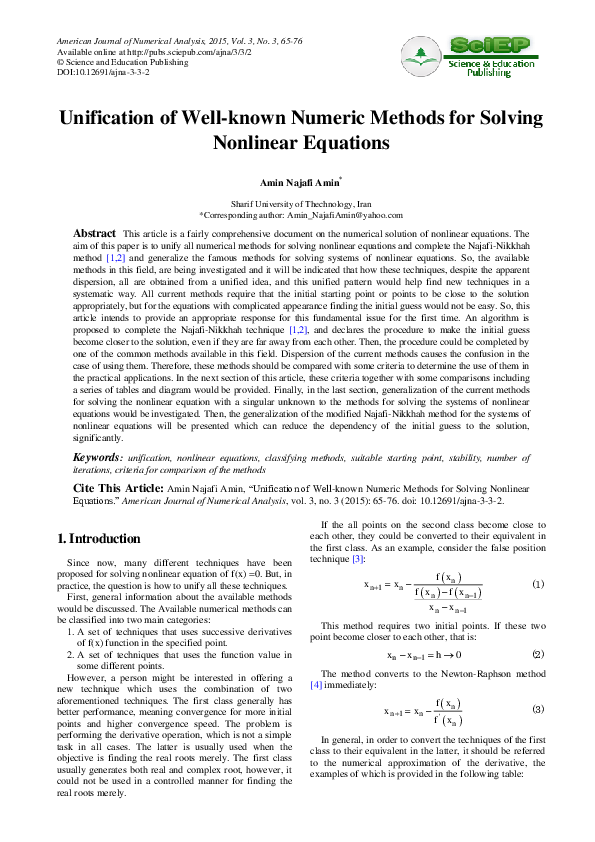 Unification of Well-known Numeric Methods for Solving Nonlinear Equations