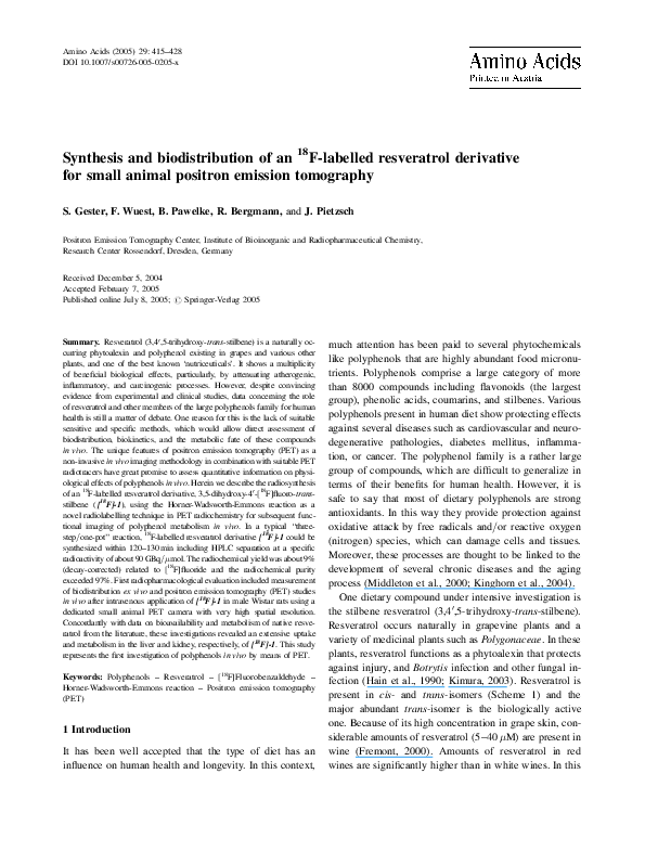 (PDF) Synthesis and biodistribution of an 18 F-labelled resveratrol ...