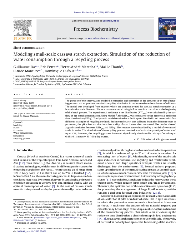 (PDF) Modeling small-scale cassava starch extraction. Simulation of the ...