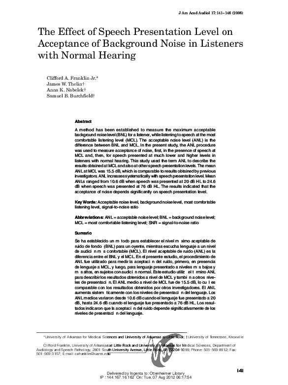 (PDF) The Effect of Speech Presentation Level on Acceptance of ...