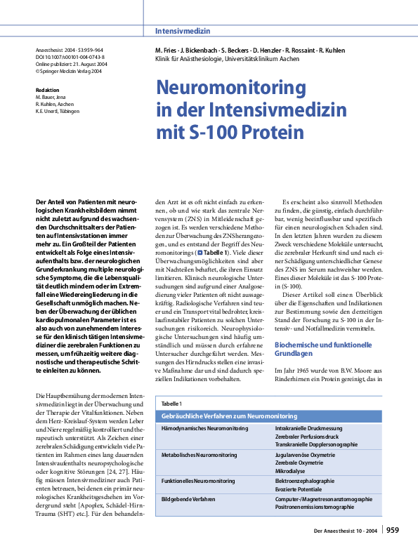 (PDF) Neuromonitoring in der Intensivmedizin mit S-100 Protein