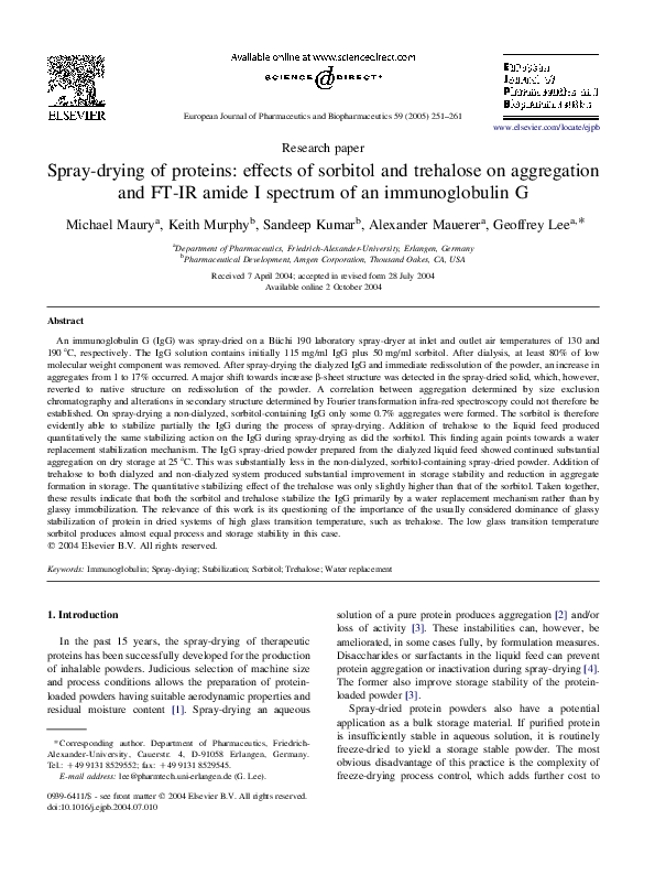 (PDF) Spraydrying of proteins effects of sorbitol and trehalose on