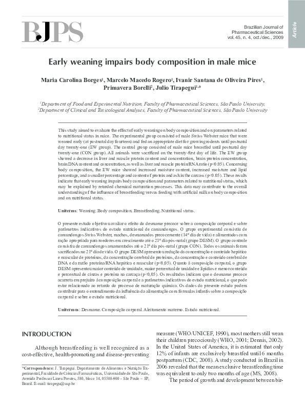 (PDF) Early weaning impairs body composition in male mice