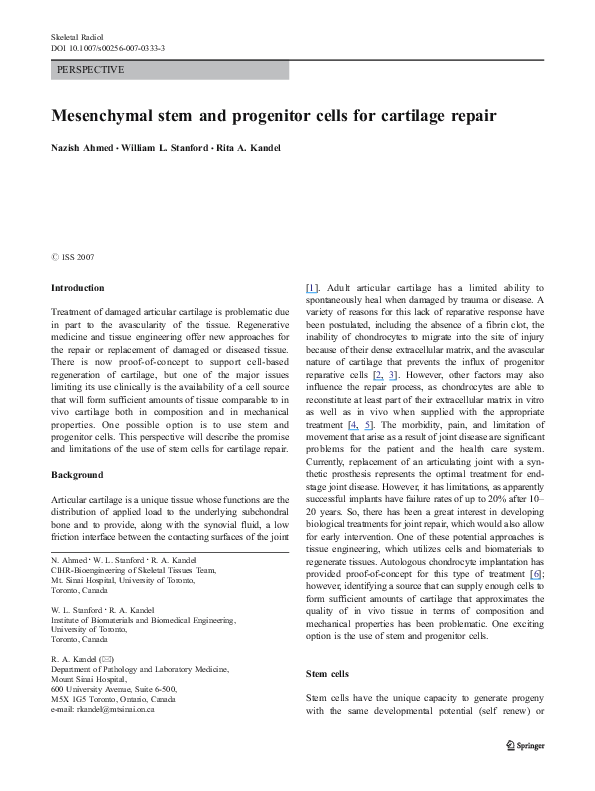 (PDF) Mesenchymal stem and progenitor cells for cartilage repair