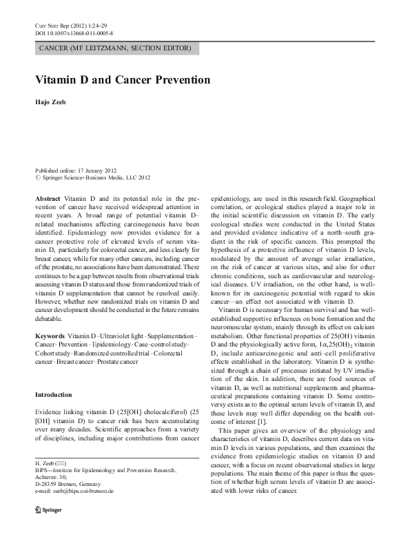 (PDF) Vitamin D and Cancer Prevention Hajo Zeeb Academia.edu