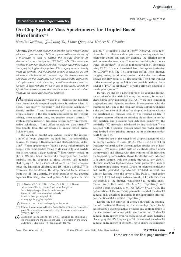 (PDF) On-Chip Spyhole Mass Spectrometry for Droplet-Based Microfluidics