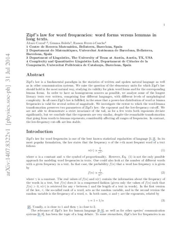 (PDF) Zipf’s Law for Word Frequencies: Word Forms versus Lemmas in Long ...