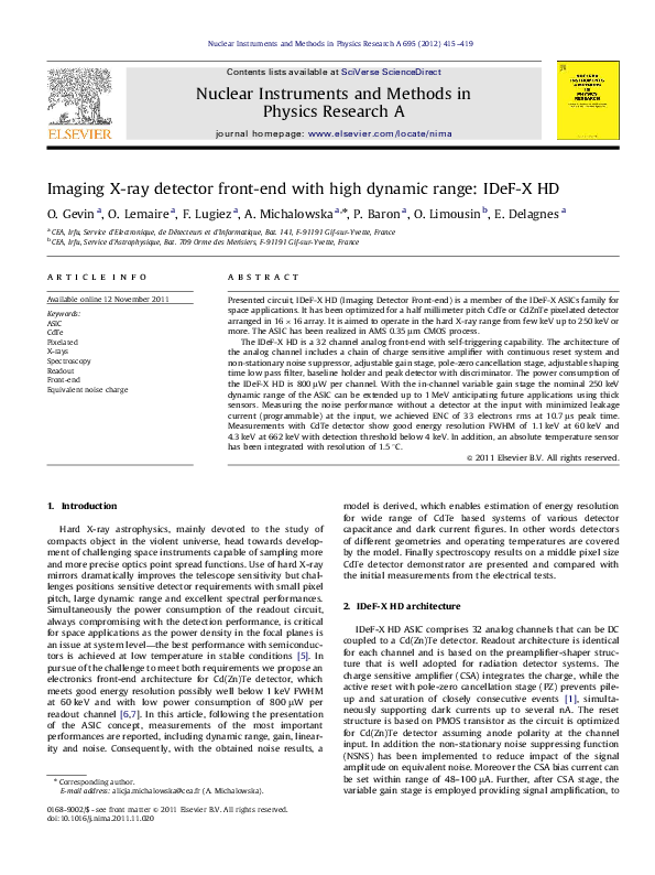 (PDF) Imaging X-ray detector front-end with high dynamic range: IDeF-X HD