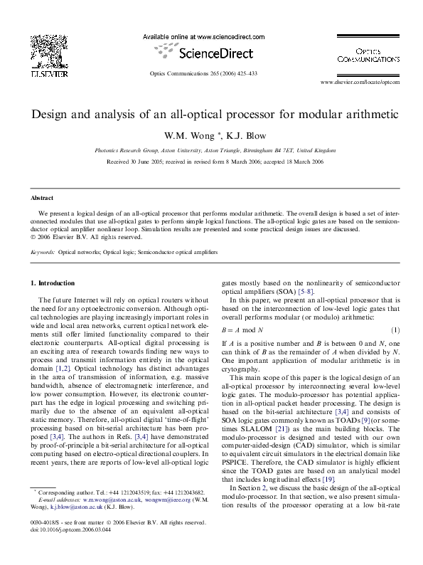 (PDF) Design and analysis of an all-optical processor for modular ...