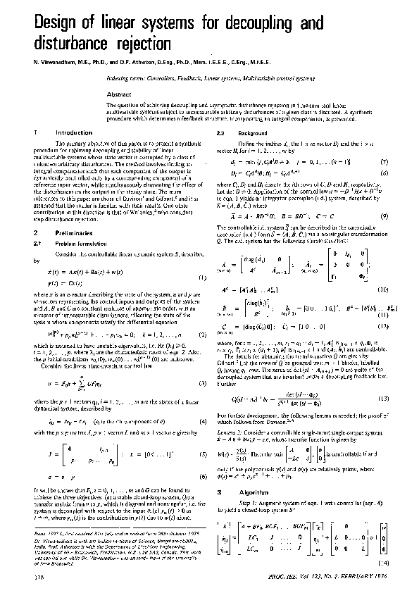 (PDF) Design of linear systems for decoupling and disturbance rejection