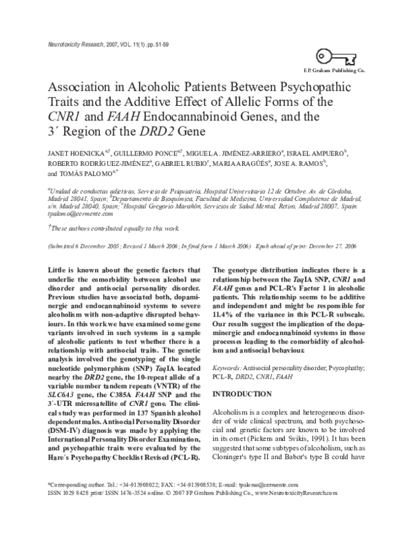 (PDF) Association in alcoholic patients between Psychopathic Traits and ...