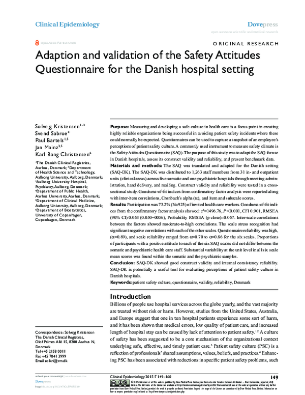 (PDF) Adaption and validation of the Safety Attitudes Questionnaire for ...