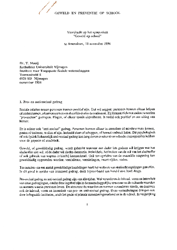 (PDF) Mooij, T. (1994). Geweld en preventie op school. Paper en