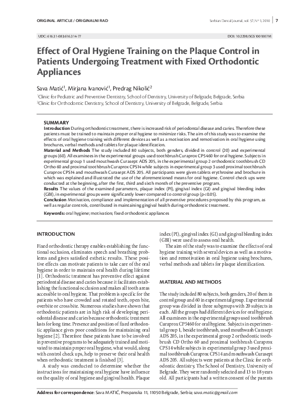 (PDF) Effect of oral hygiene training on the plaque control in patients ...