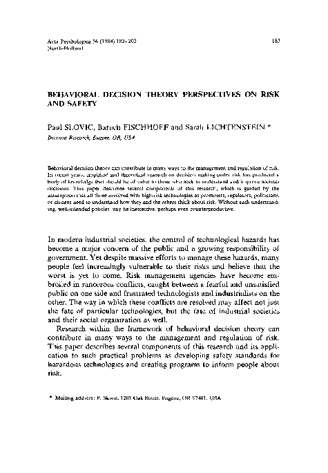 (PDF) Behavioral decision theory perspectives on risk and safety