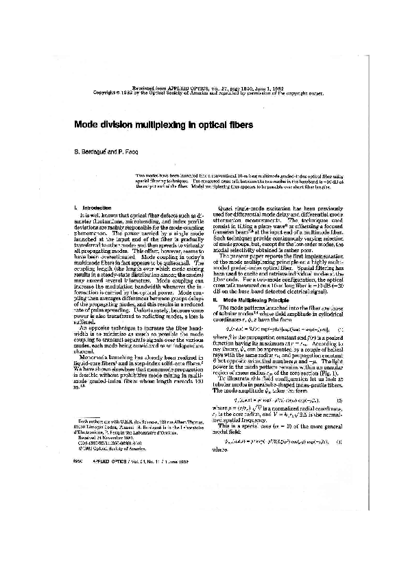 (PDF) Mode division multiplexing in optical fibers