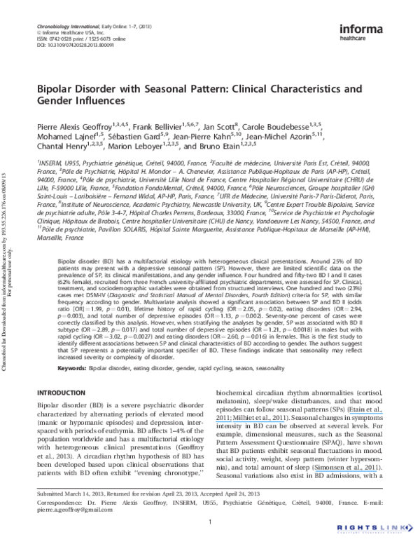 (PDF) Bipolar Disorder with Seasonal Pattern Clinical Characteristics