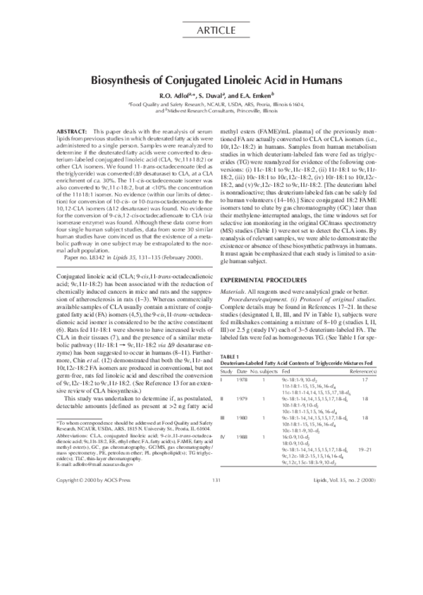 (PDF) Biosynthesis of conjugated linoleic acid in humans Edward Emken