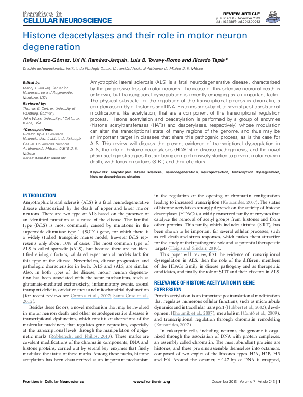 (PDF) Histone deacetylases and their role in motor neuron degeneration