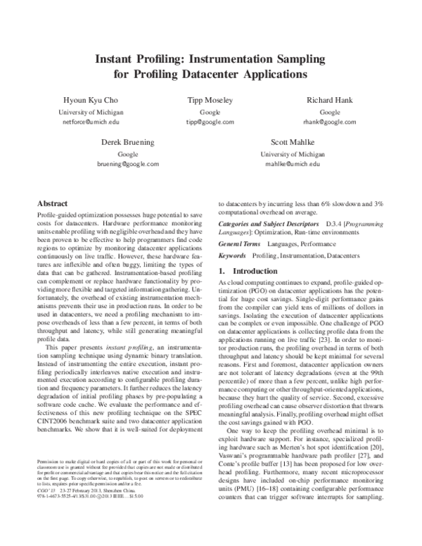 (PDF) Instant Profiling Instrumentation Sampling for Profiling Datacenter Applications Derek
