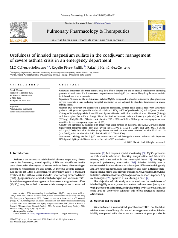 (PDF) Usefulness of inhaled magnesium sulfate in the coadjuvant management of severe asthma