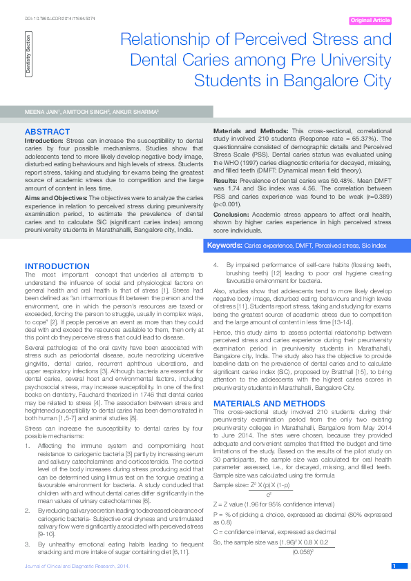 (PDF) Relationship of Perceived Stress and Dental Caries among Pre ...
