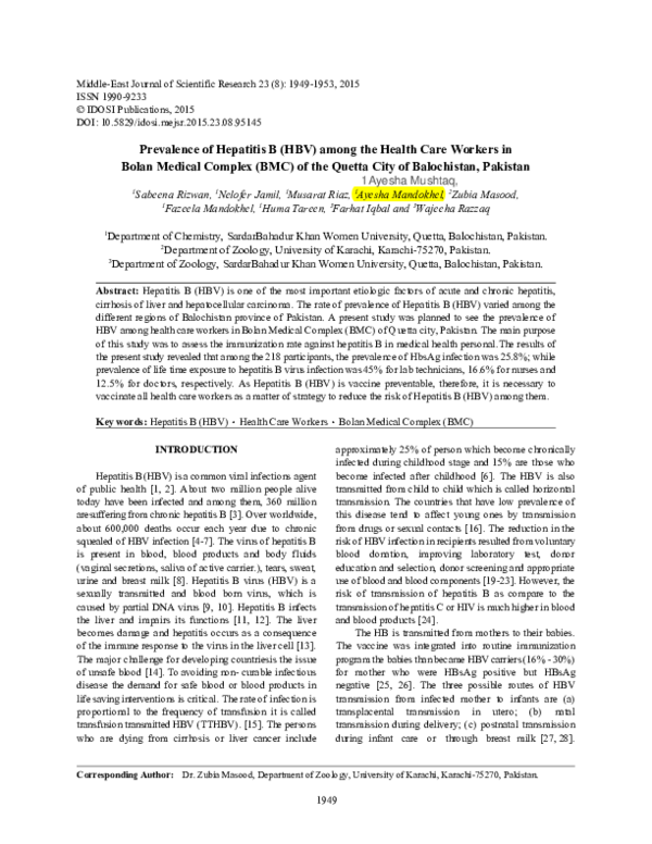 (PDF) Prevalence of Hepatitis B (HBV) among the Health Care Workers in ...