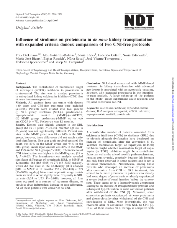 (PDF) Influence of sirolimus on proteinuria in de novo kidney