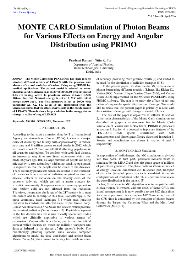 (PDF) MONTE CARLO Simulation of Photon Beams for Various Effects on