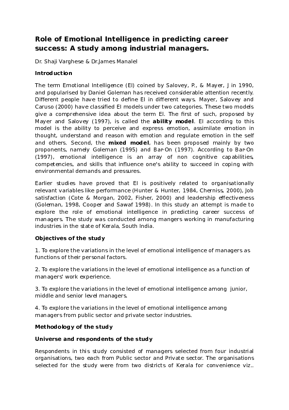 (DOC) Role of Emotional Intelligence in predicting career success: A ...