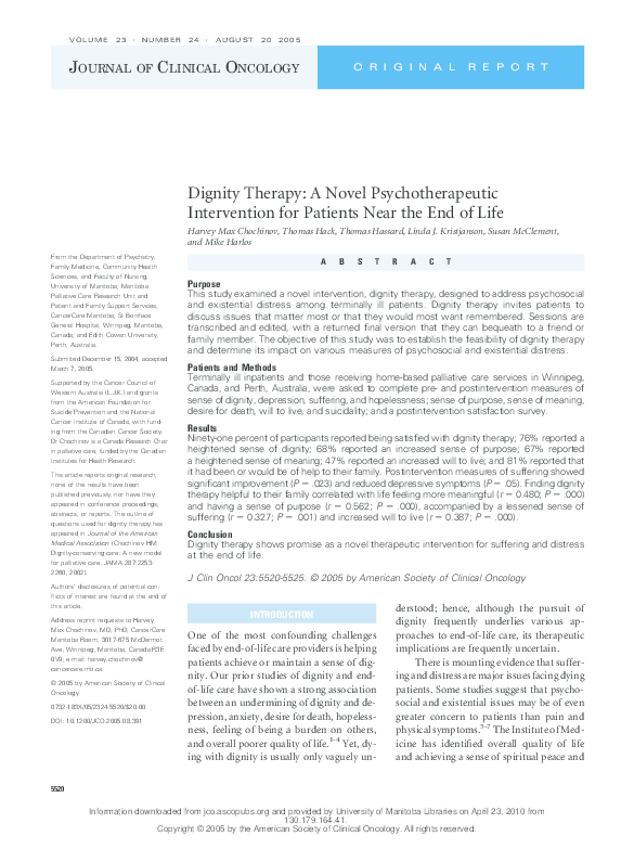 (PDF) Dignity Therapy: A Novel Psychotherapeutic Intervention for ...