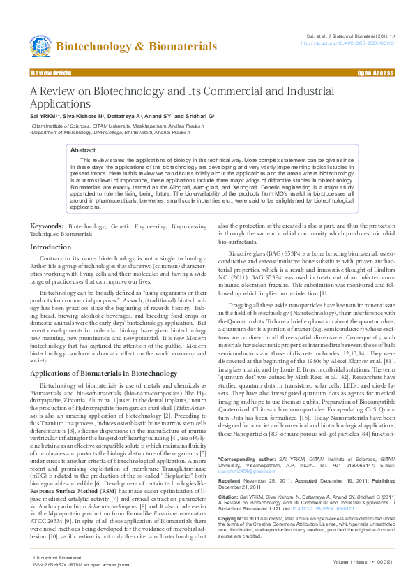 (PDF) A Review on Biotechnology and Its Commercial and Industrial ...