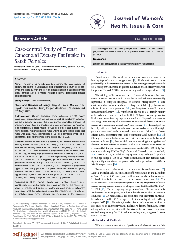 Case-control Study of Breast Cancer and Dietary Fat Intake in Saudi Females