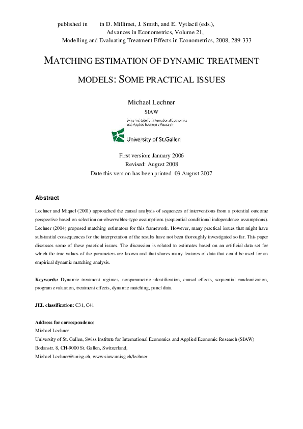 (PDF) Matching estimation of dynamic treatment models: Some practical ...