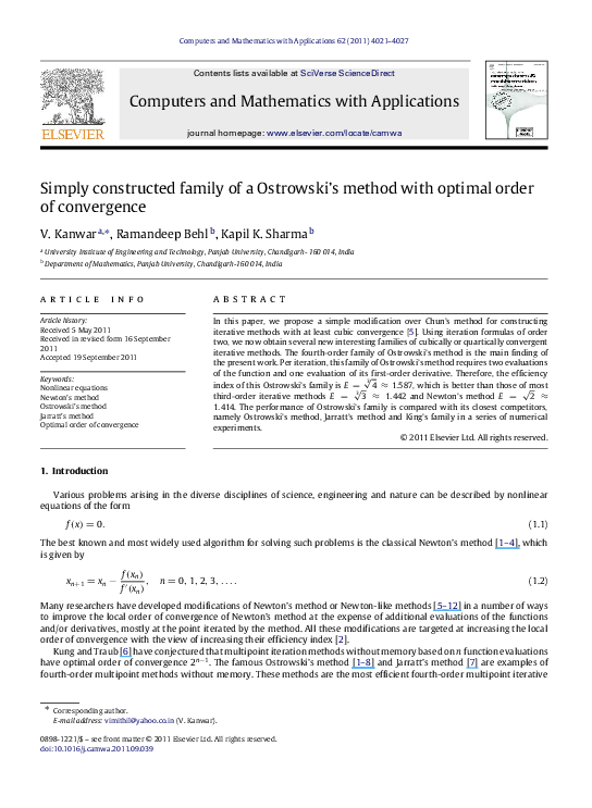 (PDF) Simply constructed family of a Ostrowski’s method with optimal ...