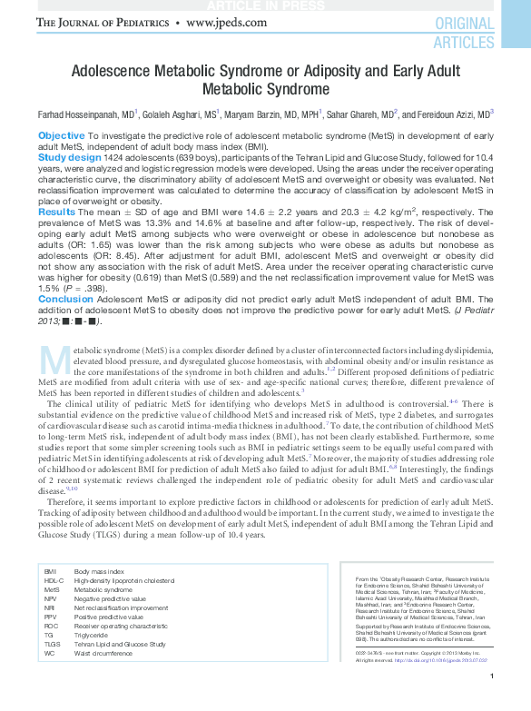 (PDF) Adolescence metabolic syndrome or adiposity and early adult ...