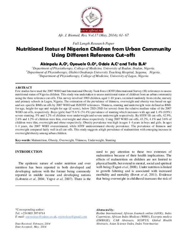 (PDF) Nutritional Status of Nigerian Children from Urban Community ...