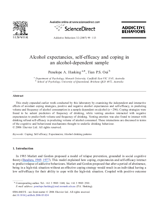 (PDF) Alcohol expectancies, self-efficacy and coping in an alcohol ...