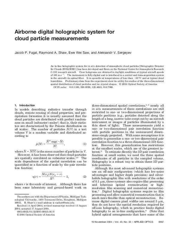 (PDF) Airborne Digital Holographic System for Cloud Particle Measurements