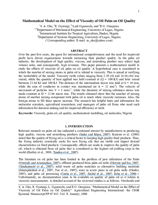 (PDF) Mathematical Model on the Effect of Viscosity of Oil Palm on Oil ...