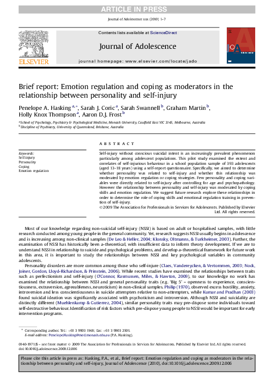 (PDF) Brief report: Emotion regulation and coping as moderators in the ...