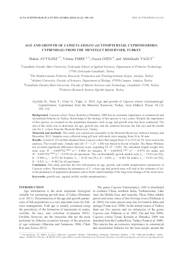 (PDF) Age and growth of Capoeta erhani (Actinopterygii Cypriniformes