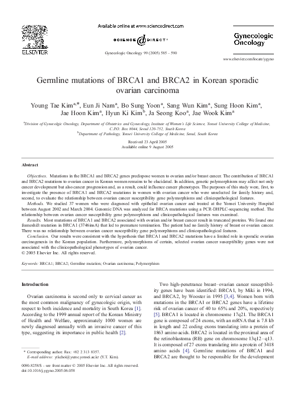 (PDF) Germline Mutations of BRCA1 and BRCA2 in Korean sporadic ovarian ...