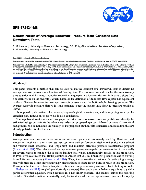 (PDF) Determination of Average Reservoir Pressure from Constant-Rate ...