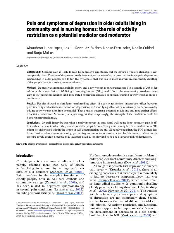 (PDF) Pain and symptoms of depression in older adults living in ...
