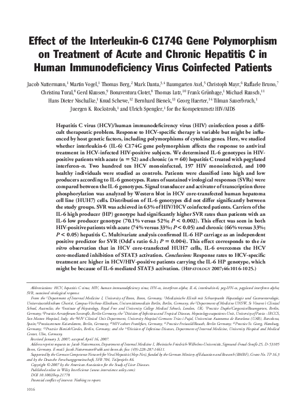 (PDF) Effect of the interleukin-6 C174G gene polymorphism on treatment ...
