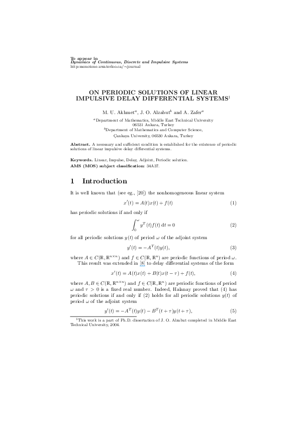 (PDF) On periodic solutions of linear impulsive delay differential systems
